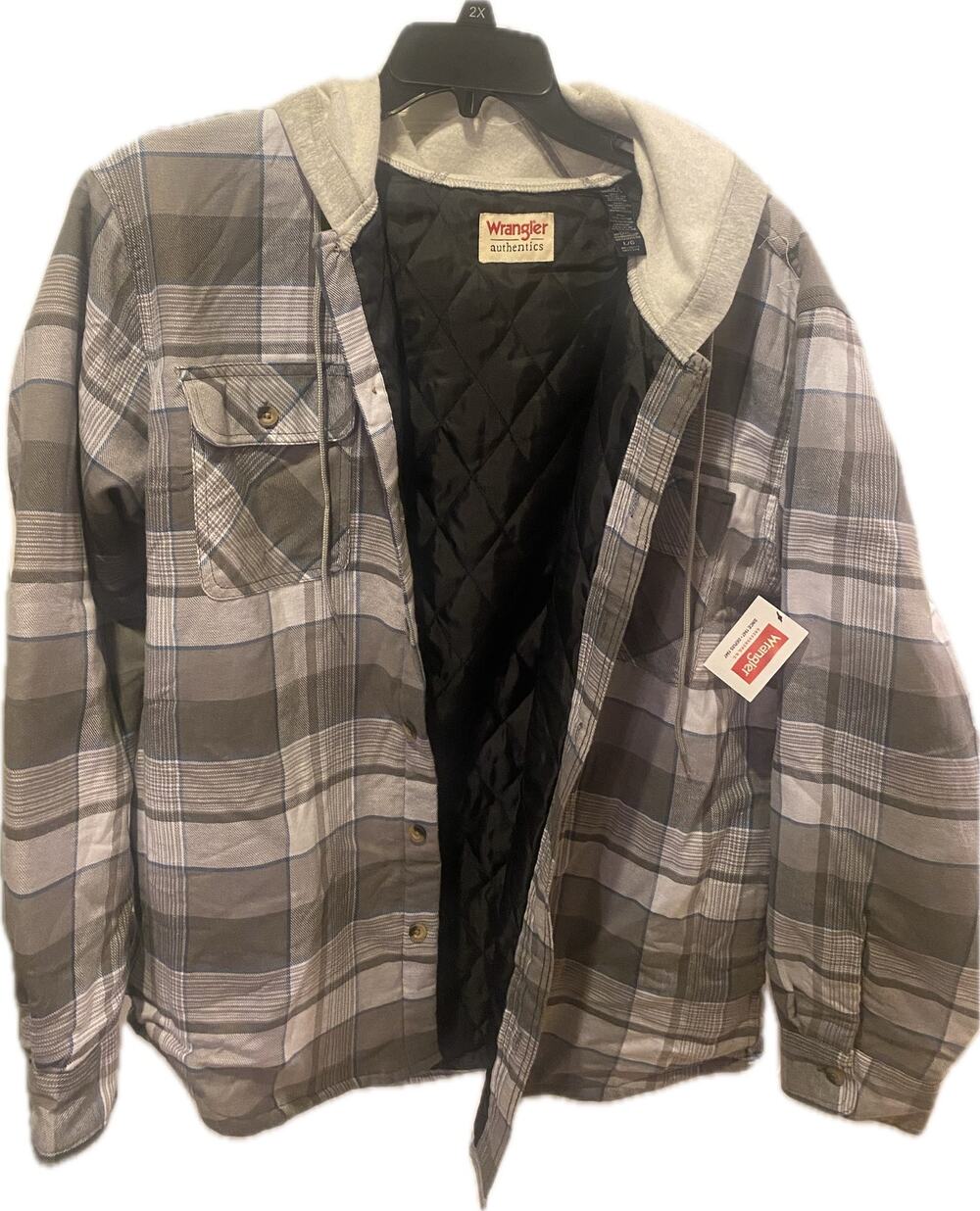 NWT Wrangler Authentics Men's Quilted Lined Hooded Flannel Shirt Jacket Gray 2X